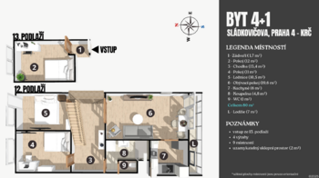 Půdorysný plánek - Prodej bytu 4+1 v osobním vlastnictví 89 m², Praha 4 - Krč