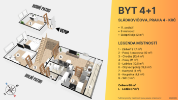 Půdorysný plánek - Prodej bytu 4+1 v osobním vlastnictví 89 m², Praha 4 - Krč
