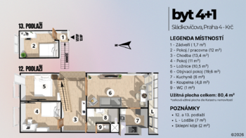 Půdorys bytu - Prodej bytu 4+1 v osobním vlastnictví 80 m², Praha 4 - Krč