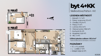 Půdorys bytu - Prodej bytu 4+kk v osobním vlastnictví 80 m², Praha 4 - Krč