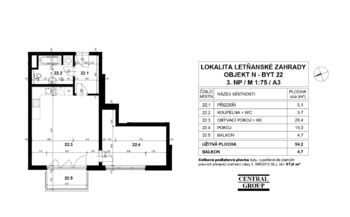 Půdorys - Pronájem bytu 2+kk v osobním vlastnictví 54 m², Praha 9 - Letňany