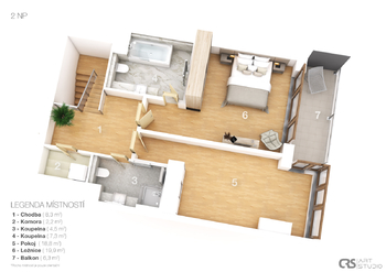 Půdorys 2. NP - Pronájem bytu 3+kk v osobním vlastnictví 153 m², Praha 8 - Karlín