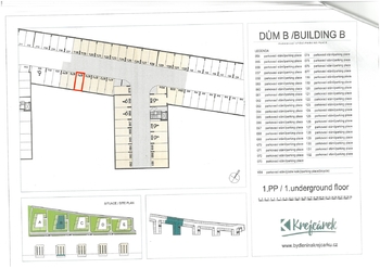 Plánek - garáž - Prodej bytu 1+kk v osobním vlastnictví 34 m², Praha 9 - Libeň