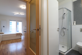 Chodba - koupelna - obývací pokoj - Prodej bytu 1+kk v osobním vlastnictví 34 m², Praha 9 - Libeň