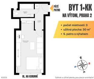 Půdorysný plánek - Pronájem bytu 1+kk v osobním vlastnictví 30 m², Praha 2 - Nové Město