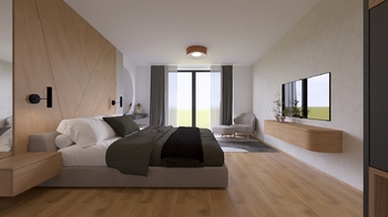 Vizualizace - Ložnice 21,51 m2 pohled směrem do zeleného vnitrobloku - Prodej bytu atypický v osobním vlastnictví 237 m², České Budějovice