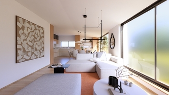 Vizualizace - Pohled na východ směrem do kuchyně  - Prodej bytu atypický v osobním vlastnictví 237 m², České Budějovice