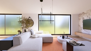 Vizualizace - Pohled přes HS portály na terasu - výstup z obývacího pokoje a jídelny/kuchyně - Prodej bytu atypický v osobním vlastnictví 237 m², České Budějovice