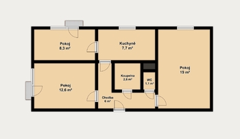 Půdorys - Pronájem bytu 3+1 v osobním vlastnictví 57 m², Brno