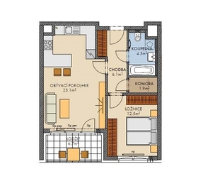 Půdorys bytu - Pronájem bytu 2+kk v družstevním vlastnictví 52 m², Praha 6 - Ruzyně