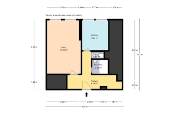 Půdorys - Prodej bytu 1+1 v družstevním vlastnictví 43 m², Praha 7 - Holešovice