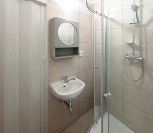 je tady sprchový kout a umyvadlo. - Pronájem bytu 1+kk v osobním vlastnictví 19 m², Lubná