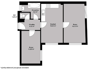 Orientační půdorys - Pronájem bytu 2+1 v osobním vlastnictví 54 m², Kolín