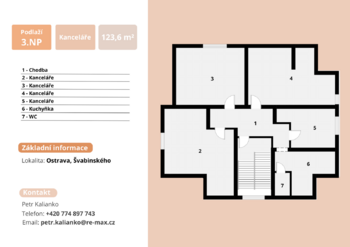 Půdorys kanceláře 3.NP, Švabinského  - Pronájem kancelářských prostor 124 m², Ostrava