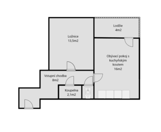 Orientační půdorys bytu - Pronájem bytu 2+kk v osobním vlastnictví 44 m², Písek