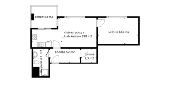 půdorys bytu - Pronájem bytu 2+kk v osobním vlastnictví 44 m², Praha 4 - Nusle