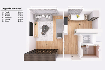 Půdorys. - Prodej bytu 1+1 v osobním vlastnictví 33 m², České Budějovice