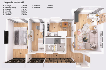 Půdorys. - Pronájem bytu 3+1 v osobním vlastnictví 67 m², Jindřichův Hradec