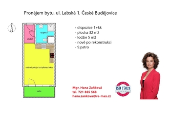 plánek - Pronájem bytu 1+kk v osobním vlastnictví 32 m², České Budějovice
