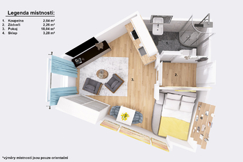 Půdorys s výměrami. - Pronájem bytu 1+kk v osobním vlastnictví 27 m², Jindřichův Hradec
