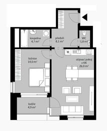 Plánek bytu - Pronájem bytu 2+kk v osobním vlastnictví 64 m², Praha 9 - Vysočany