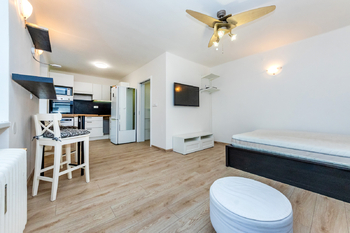 9. Pohled z obývacího pokoje ke kuchyňskému koutu - Pronájem bytu 1+kk v osobním vlastnictví 29 m², Kladno