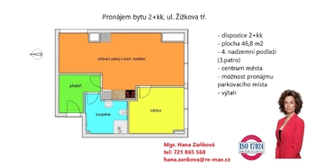 plánek - Pronájem bytu 2+kk v osobním vlastnictví 47 m², České Budějovice