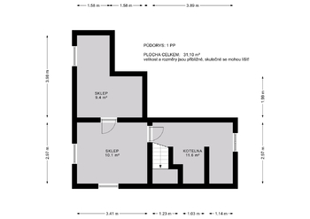 Půdorys 1.PP - Prodej domu 156 m², Praha 9 - Horní Počernice