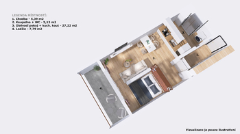 Vizualizace je pouze ilustrativní - Pronájem bytu 1+kk v osobním vlastnictví 47 m², České Budějovice