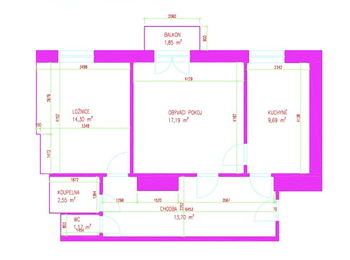 Půdorys - Prodej bytu 2+1 v osobním vlastnictví 64 m², Praha 10 - Vršovice