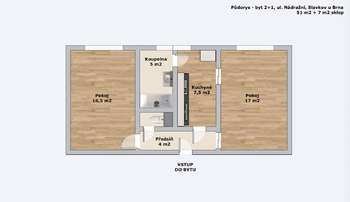 Plánek bytu - Prodej bytu 2+1 v osobním vlastnictví 58 m², Slavkov u Brna