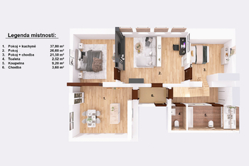 Půdorys prvního podlaží. - Prodej bytu 4+1 v osobním vlastnictví 140 m², Jindřichův Hradec