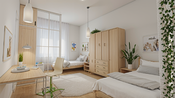 Vizualizace možného budoucího stavu - ložnice/ dětský pokoj  - Prodej bytu 3+kk v osobním vlastnictví 96 m², Praha 7 - Holešovice