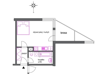 půdorys byt + terasa - Pronájem bytu 1+kk v osobním vlastnictví 37 m², Praha 5 - Motol