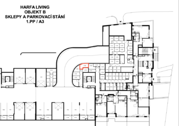 Plánek - sklepní kóje - Prodej bytu 1+kk v osobním vlastnictví 38 m², Praha 9 - Vysočany