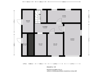 Půdorys 1.PP - Prodej domu 210 m², Praha 9 - Horní Počernice