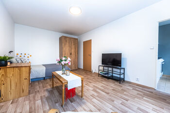 Pokoj pohled od okna - Pronájem bytu 1+1 v osobním vlastnictví 35 m², Praha 9 - Černý Most