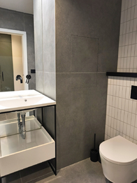 Koupelna se sprchovým koutem, umyvadlem, zrcadlem a toaletou.  - Pronájem bytu 2+kk v osobním vlastnictví 53 m², Čelákovice