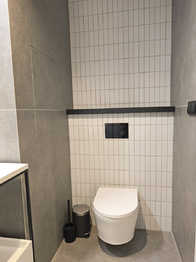 Koupelna se sprchovým koutem, umyvadlem, zrcadlem a toaletou.  - Pronájem bytu 2+kk v osobním vlastnictví 53 m², Čelákovice