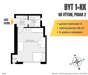 Půdorysný plnánek - Pronájem bytu 1+kk v osobním vlastnictví 26 m², Praha 2 - Nové Město