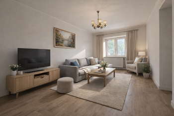 Ukázka obývacího pokoje (tvořeno pomocí AI) - Prodej domu 70 m², Blšany