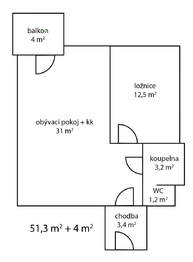půdorys 2KK - Pronájem bytu 2+kk v osobním vlastnictví 51 m², Dolní Břežany