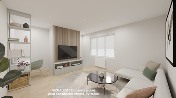 Vizualizace obývací pokoj s TV stěnou - Prodej bytu 4+1 v osobním vlastnictví 83 m², Karlovy Vary