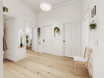 Vizualizace možného budoucího stavu centrální hlavní chodby  - Prodej bytu 3+kk v osobním vlastnictví 96 m², Praha 7 - Holešovice