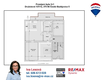 orientační půdorys - Pronájem bytu 3+1 v osobním vlastnictví 100 m², České Budějovice
