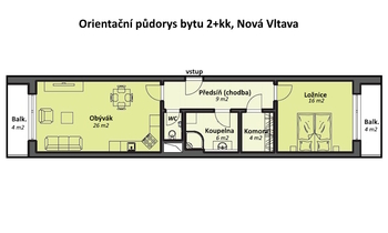 Půdorys bytu - Prodej bytu 2+kk v osobním vlastnictví 73 m², České Budějovice