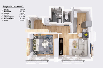 Půdorys. - Pronájem bytu 2+kk v osobním vlastnictví 43 m², Pelhřimov