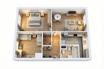 3D půdorys - Prodej bytu 3+1 v osobním vlastnictví 65 m², České Budějovice