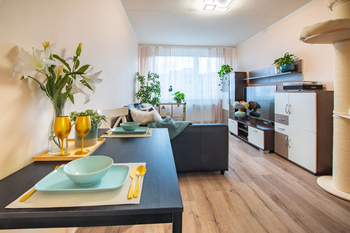 Obývací pokoj s kuch. koutem  - Prodej bytu 2+kk v osobním vlastnictví 56 m², Praha 5 - Hlubočepy