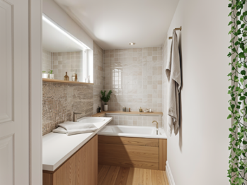 Vizualizace možného budoucího stavu koupelny - Prodej bytu 2+kk v osobním vlastnictví 45 m², Praha 8 - Bohnice